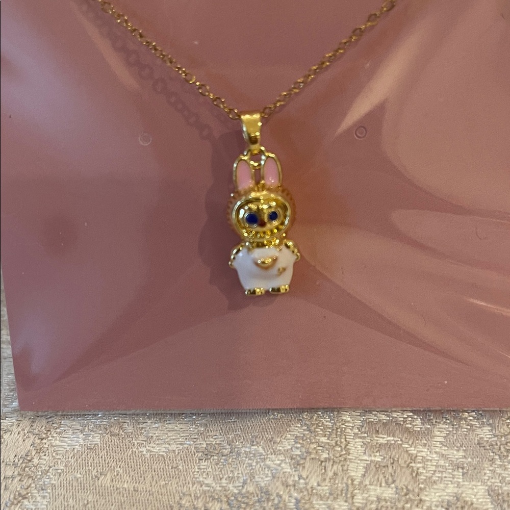 Labubu  Pendant Necklace with Pink and White Enamel NEW